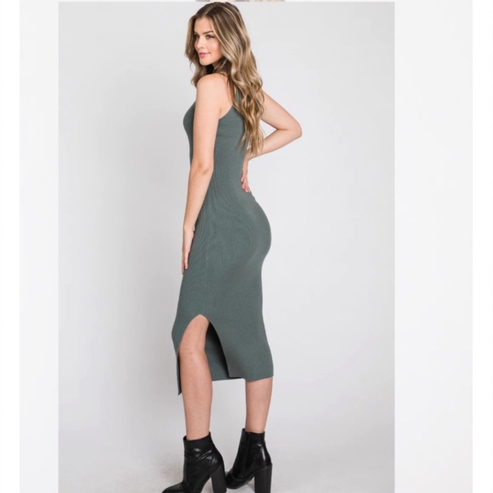 Green Ribbed Bodycon Midi Dress